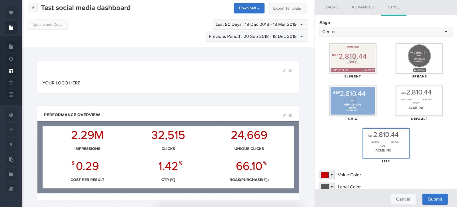 In ReportGarden, you can quickly build a social media dashboard that updates daily and pulls data from all campaign platforms for one client.