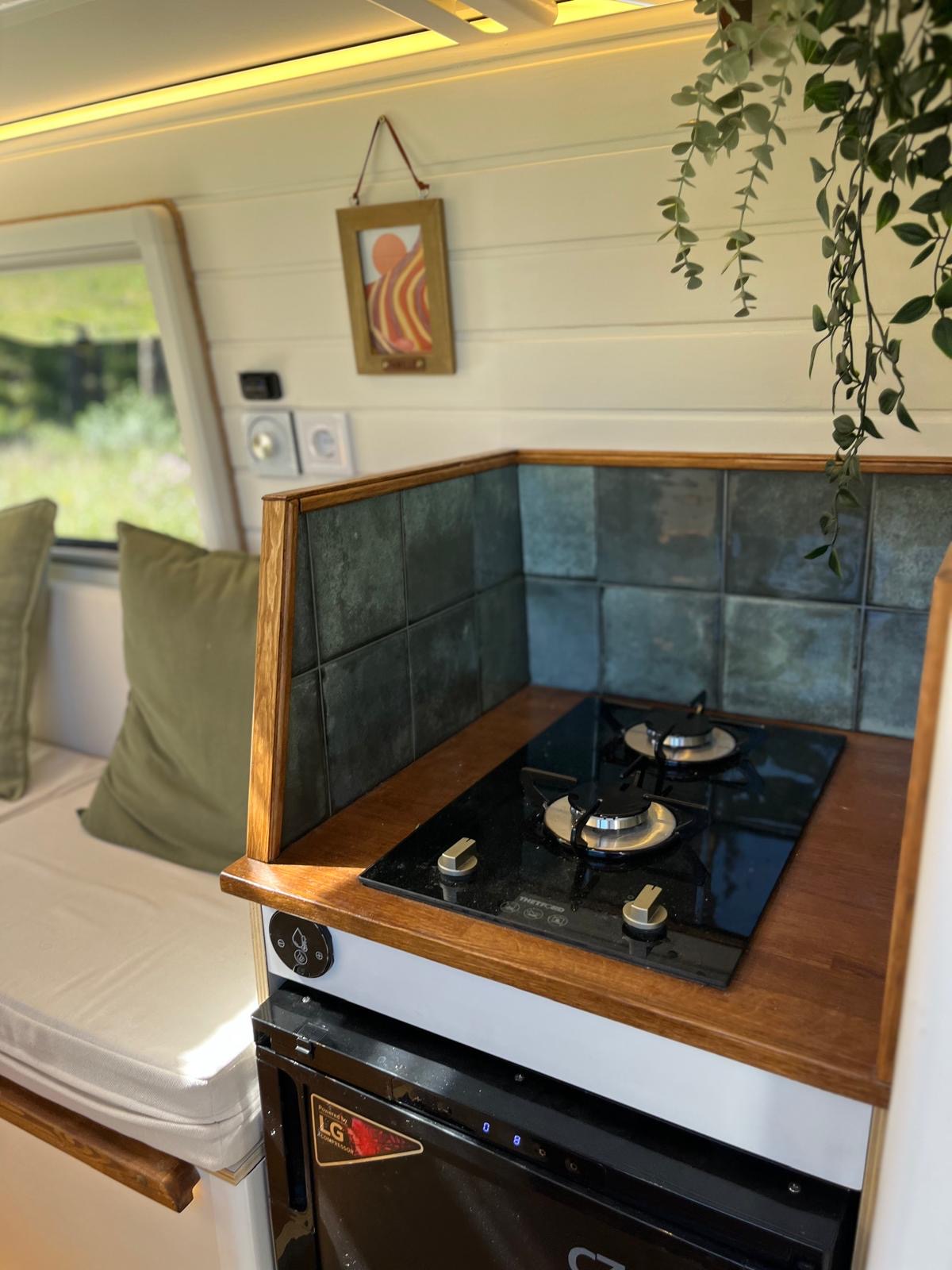 Cozy camper van interior with wooden ceiling, cushioned seating, a small table with a plant, and large windows showing forest greenery outside.