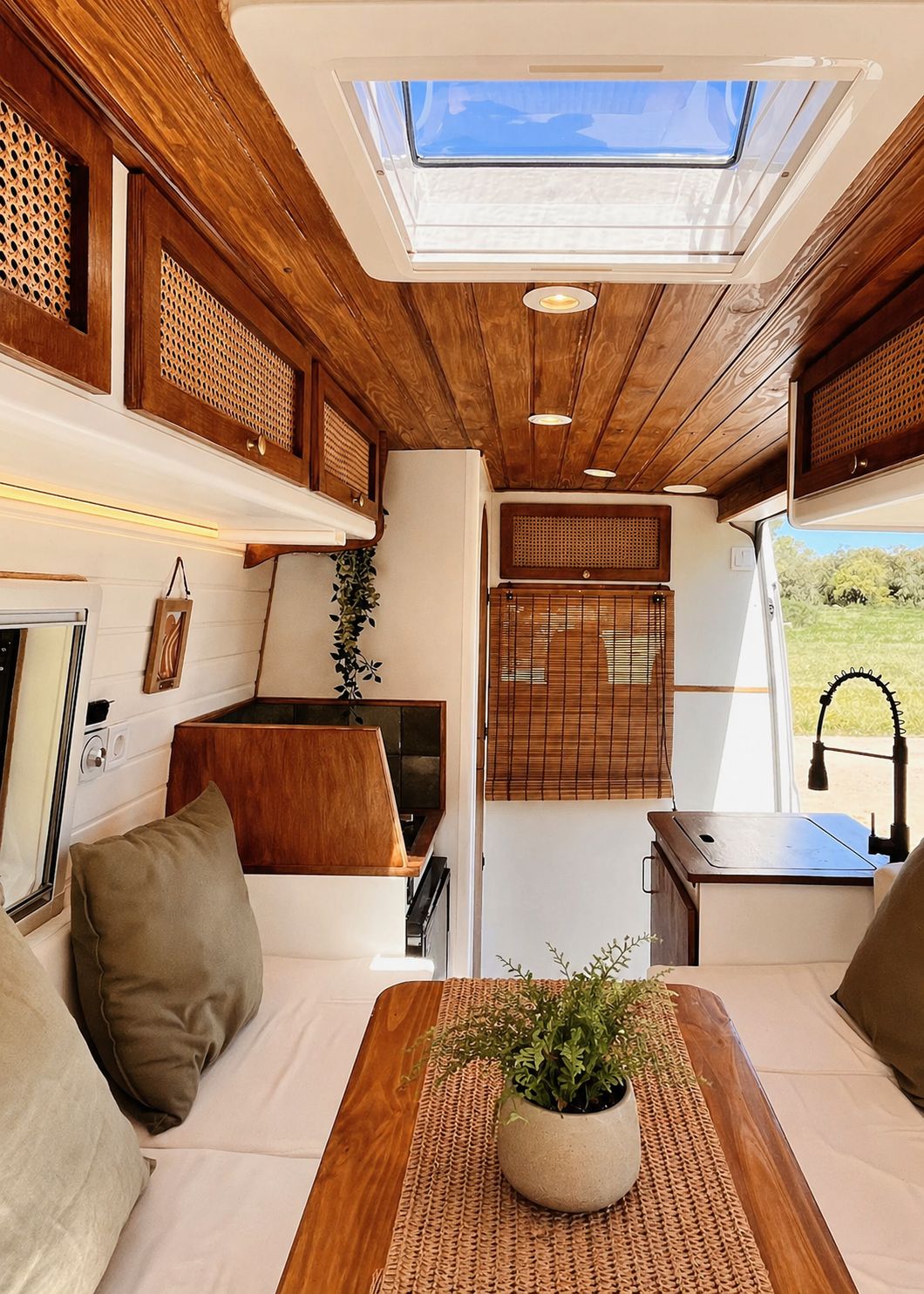 Interior of a wooden-themed camper van with a skylight, a green potted plant on a wooden table, cushioned benches, and a kitchen sink next to an open door showing grass outside.