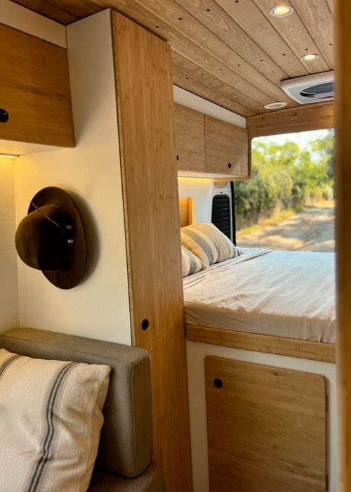 Cozy camper van interior with wooden ceiling, cushioned seating, a small table with a plant, and large windows showing forest greenery outside.