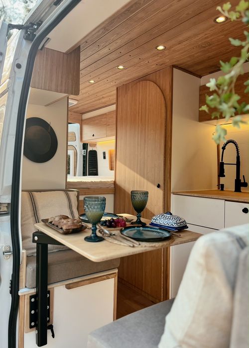 Interior of a wooden-themed camper van with a skylight, a green potted plant on a wooden table, cushioned benches, and a kitchen sink next to an open door showing grass outside.