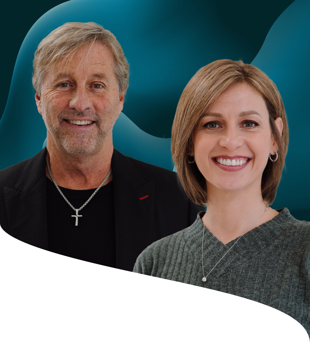 Henry Penix and Laura Widney seated side by side in a podcast studio, each wearing headphones and speaking into microphones.