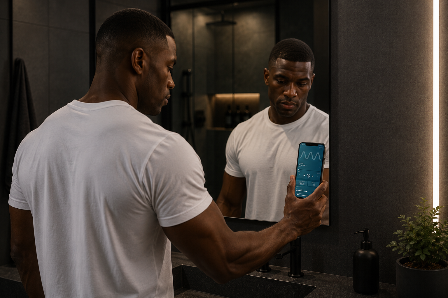 Reflection in a mirror showing a smartphone screen playing the “Sleep Well” sound frequency.