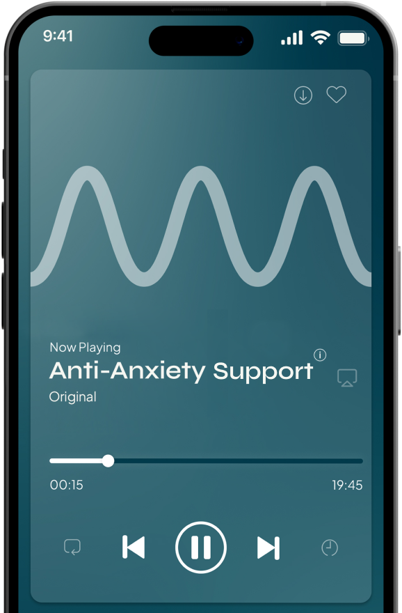 Smartphone screen showing the Soaak app with Anti-Anxiety frequency actively playing