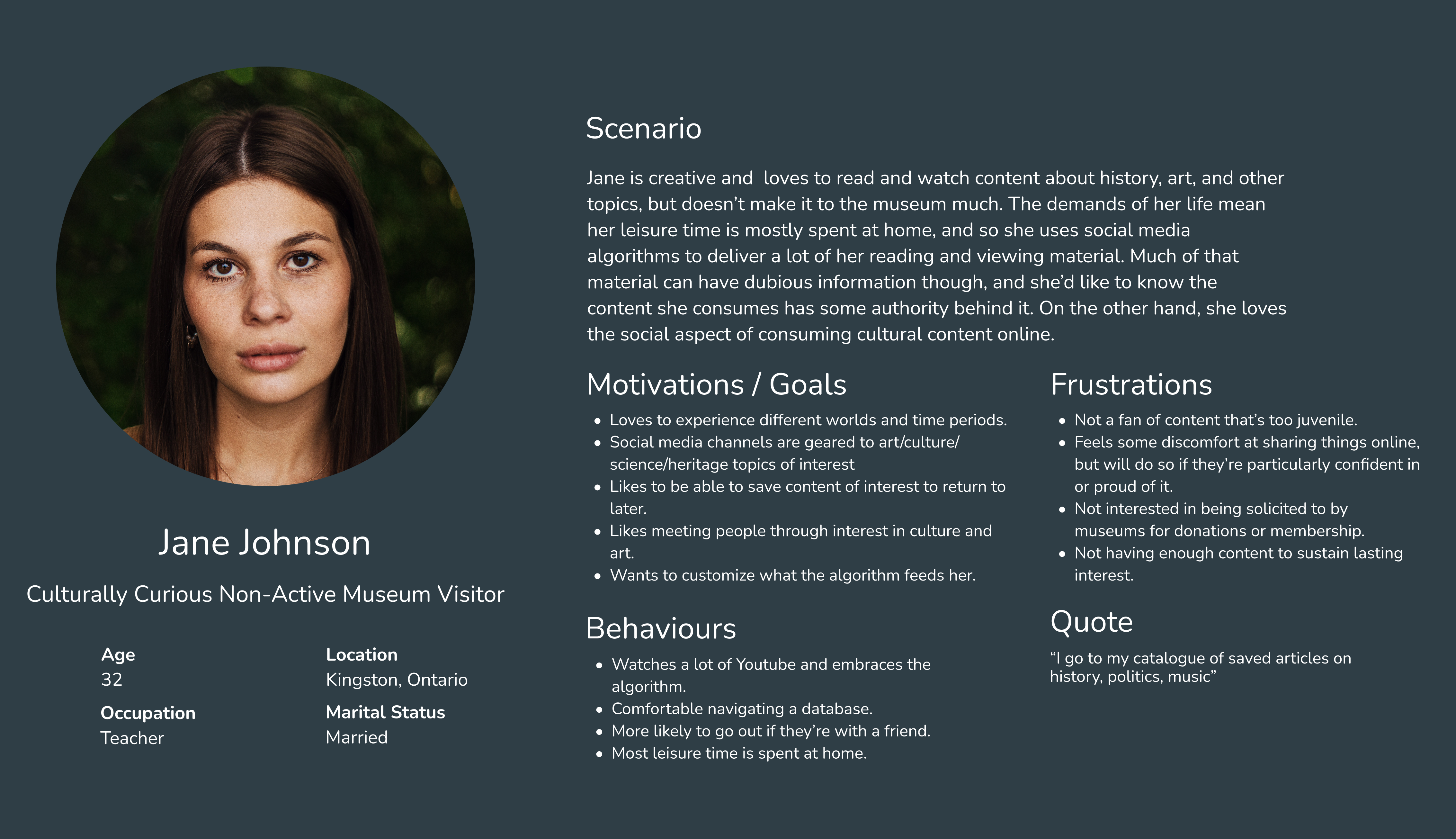Persona of Jane, a culturally-curious, non-active museum goer.