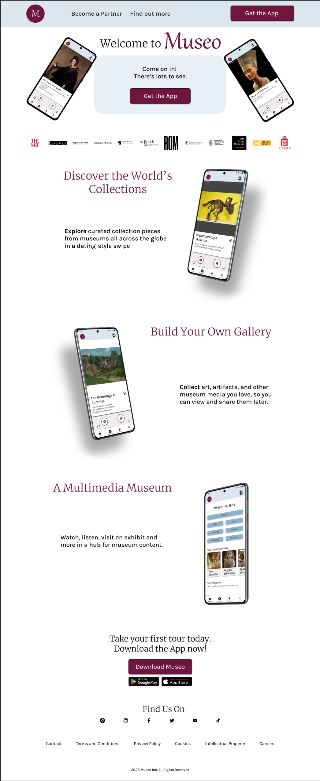 The webpage for the Museo promotional website, showing 3 different major selling points of the app with images: Discover the World's Collections, Build Your Own Gallery, and A Multimedia Museum.