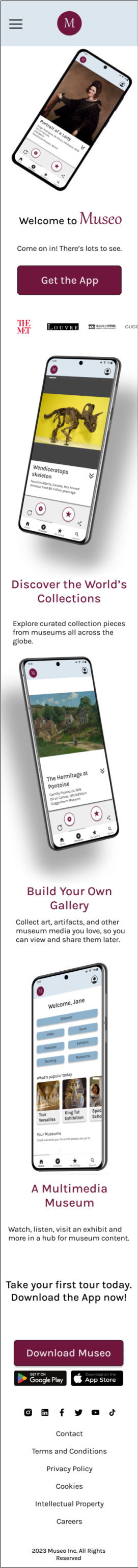 Mobile version of the Museo promotional website.