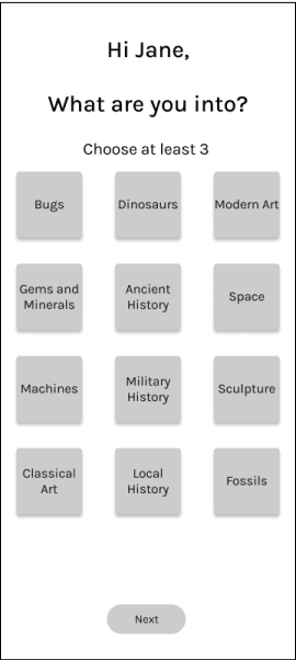 Low fidelity Select Interests page.