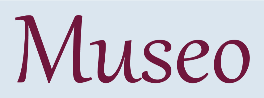 Museo wordmark in maroon letters and light blue background.