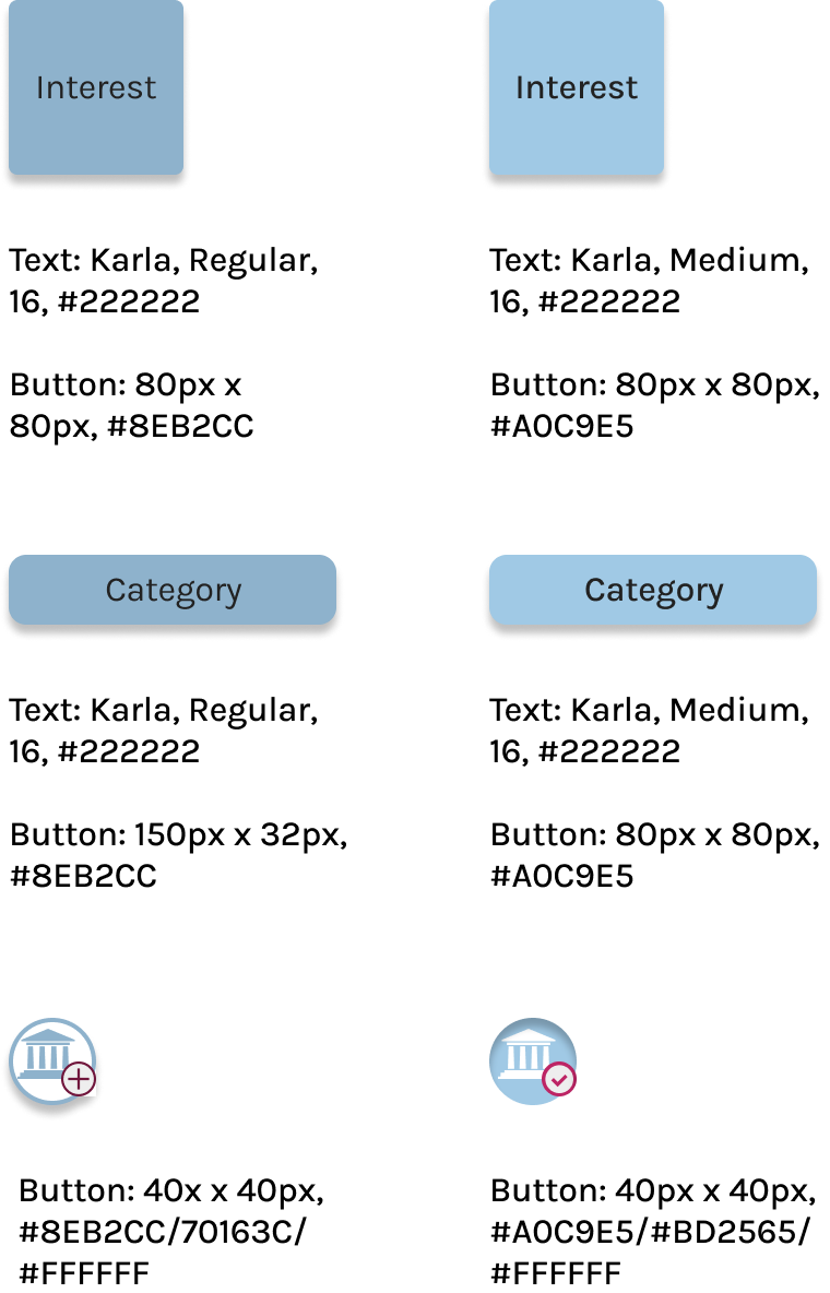 Examples of blue buttons in their active and pressed states.