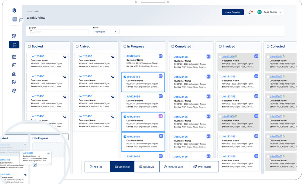 Redesigned Auxo cloud job board with consistent job cards and a visible action bar