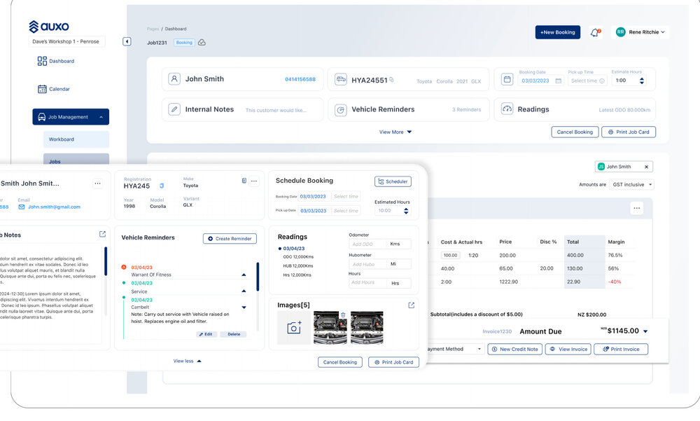Refined Auxo job detail with customer vehicle and booking context