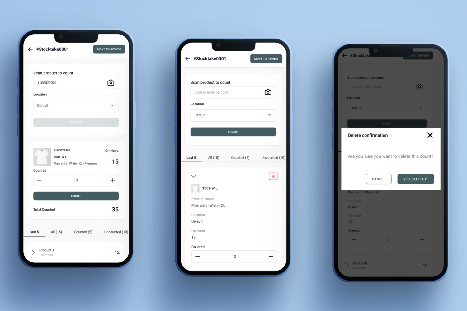 Mobile stocktake scanning counting and deletion confirmation