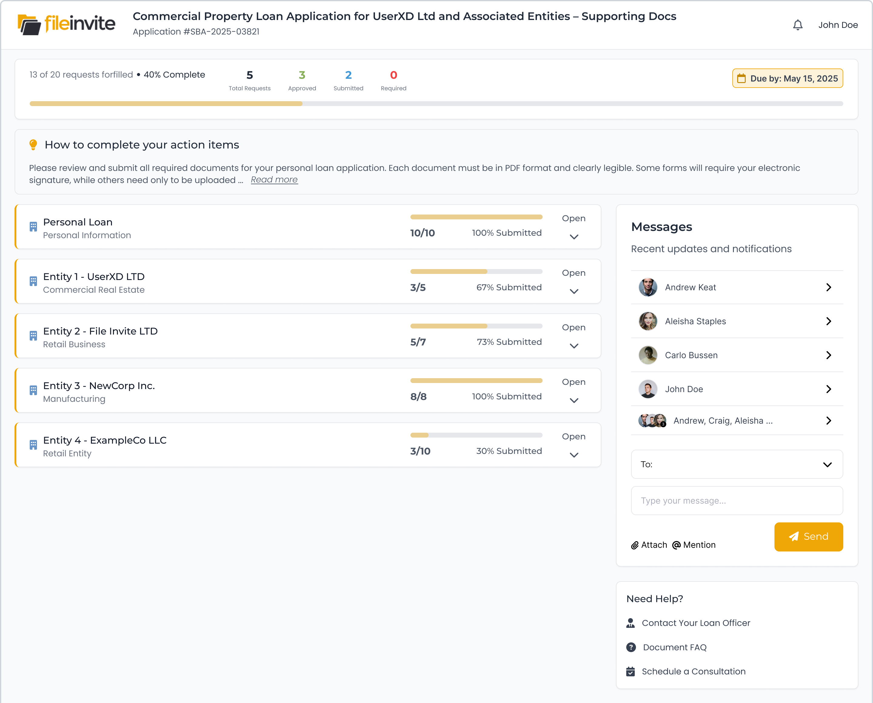 High-fidelity FileInvite portal overview showing overall completion, progress for each entity, messaging and help before document details are expanded