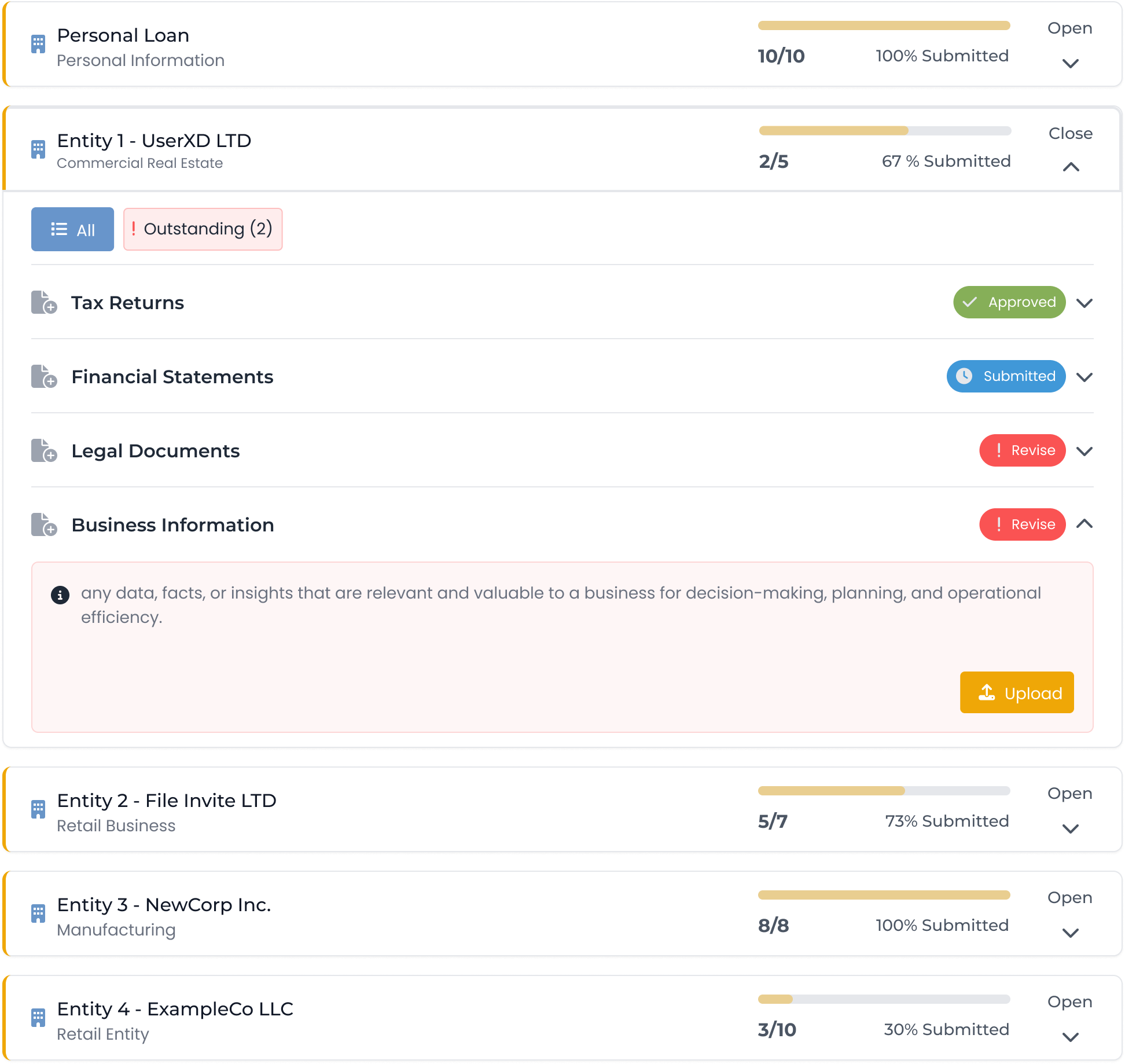 High-fidelity FileInvite request view showing Outstanding filtering, Approved, Submitted and Revise states, and an expanded Upload action