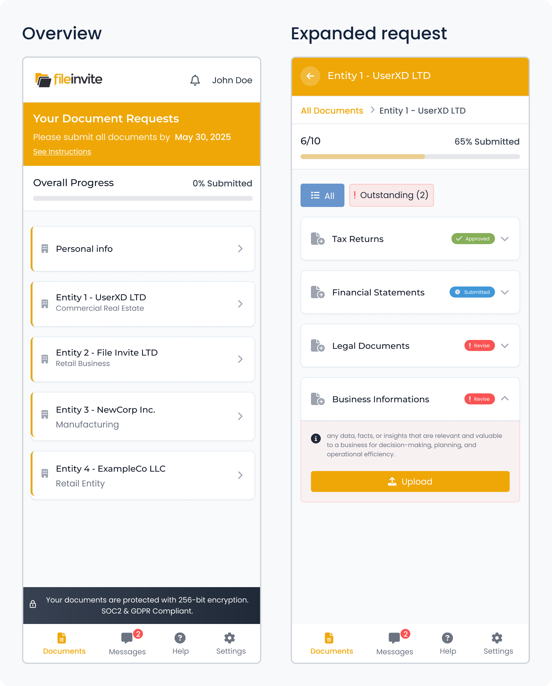 FileInvite mobile designs side by side: request overview on the left and an expanded Business Information request with its Upload action on the right