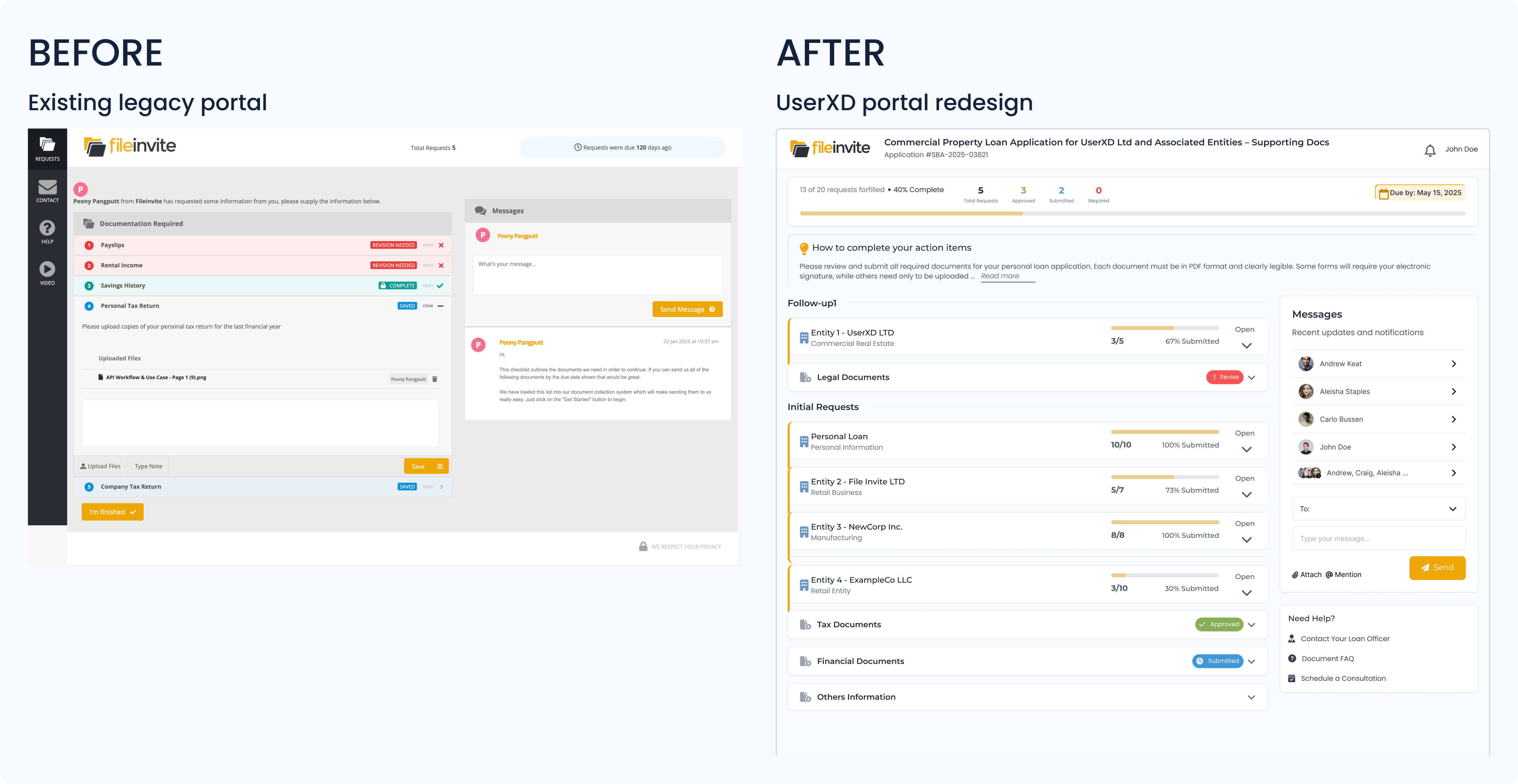 Before and after: the existing legacy FileInvite portal on the left and the UserXD portal redesign on the right