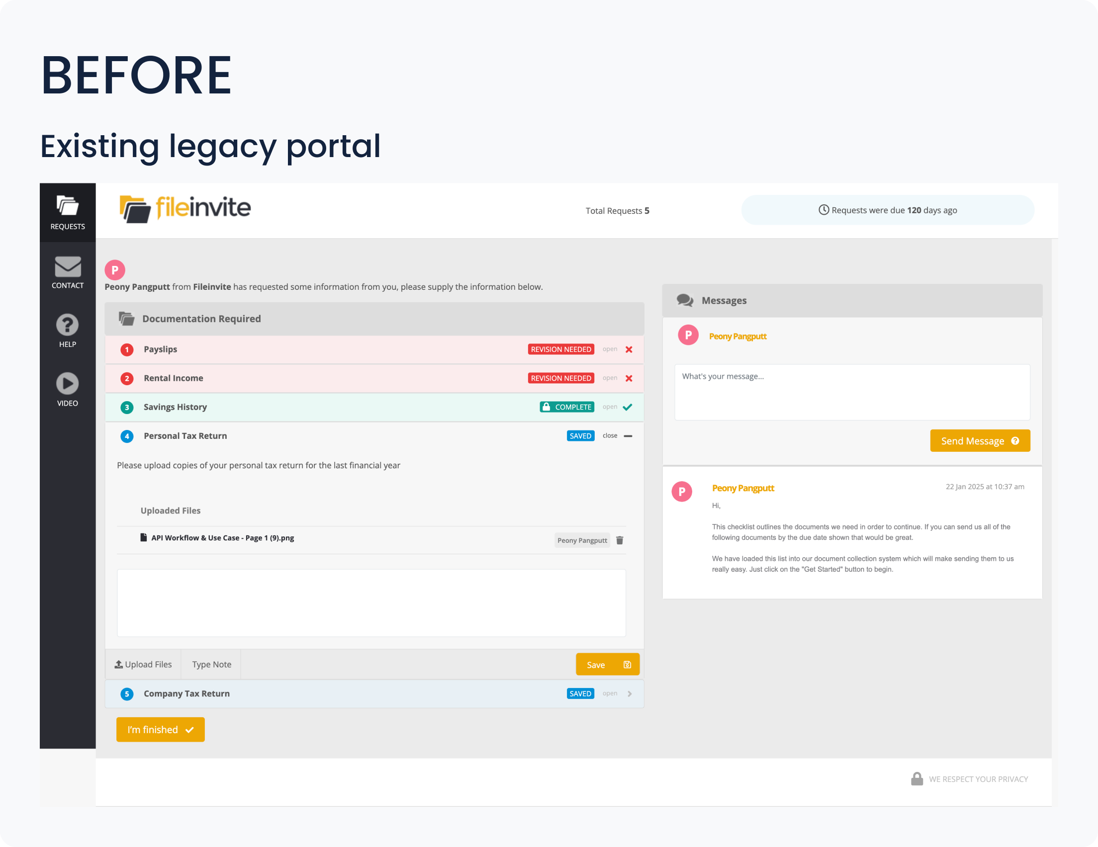 Before: the existing legacy FileInvite portal, shown as the starting point for the UserXD engagement