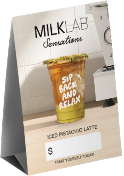Menu card from MILKLAB Sensations showcasing an iced pistachio latte with 'Sip Back and Relax' text on the cup.