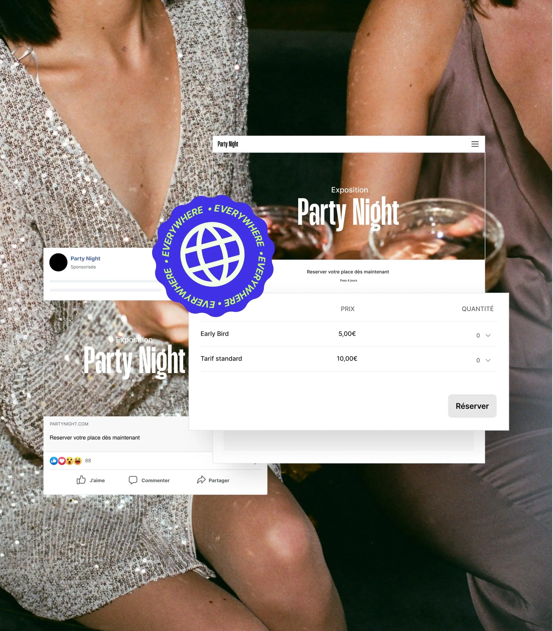 Deux femmes habillées élégamment tenant des verres de boisson lors d'une soirée, avec une interface en surimpression pour réserver des billets à l'événement Party Night.
