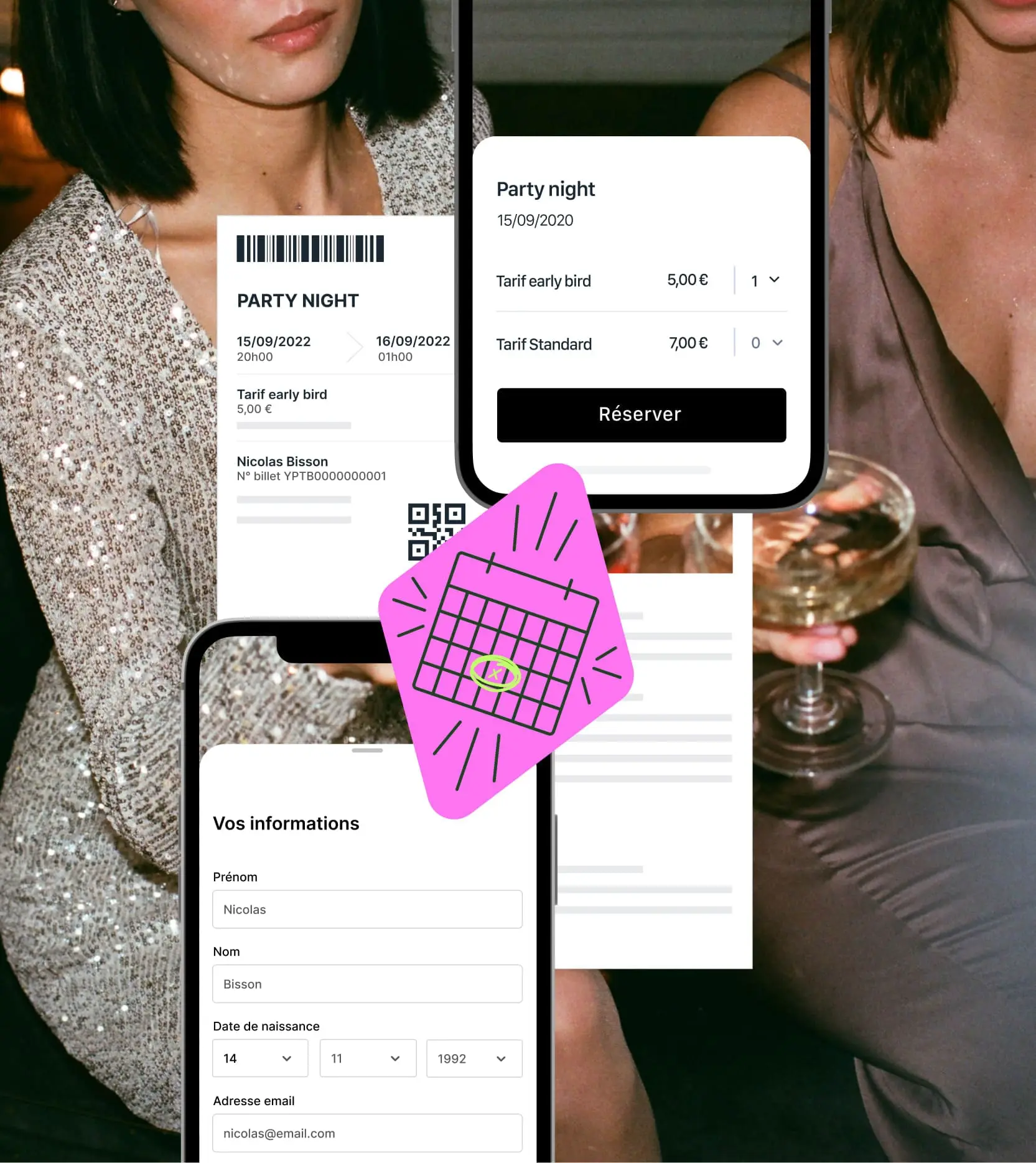 Deux femmes vêtues de robes de soirée, une tenant une coupe de champagne, avec des écrans de téléphones montrant la réservation et les informations d'un billet pour une soirée appelée 'Party Night'.