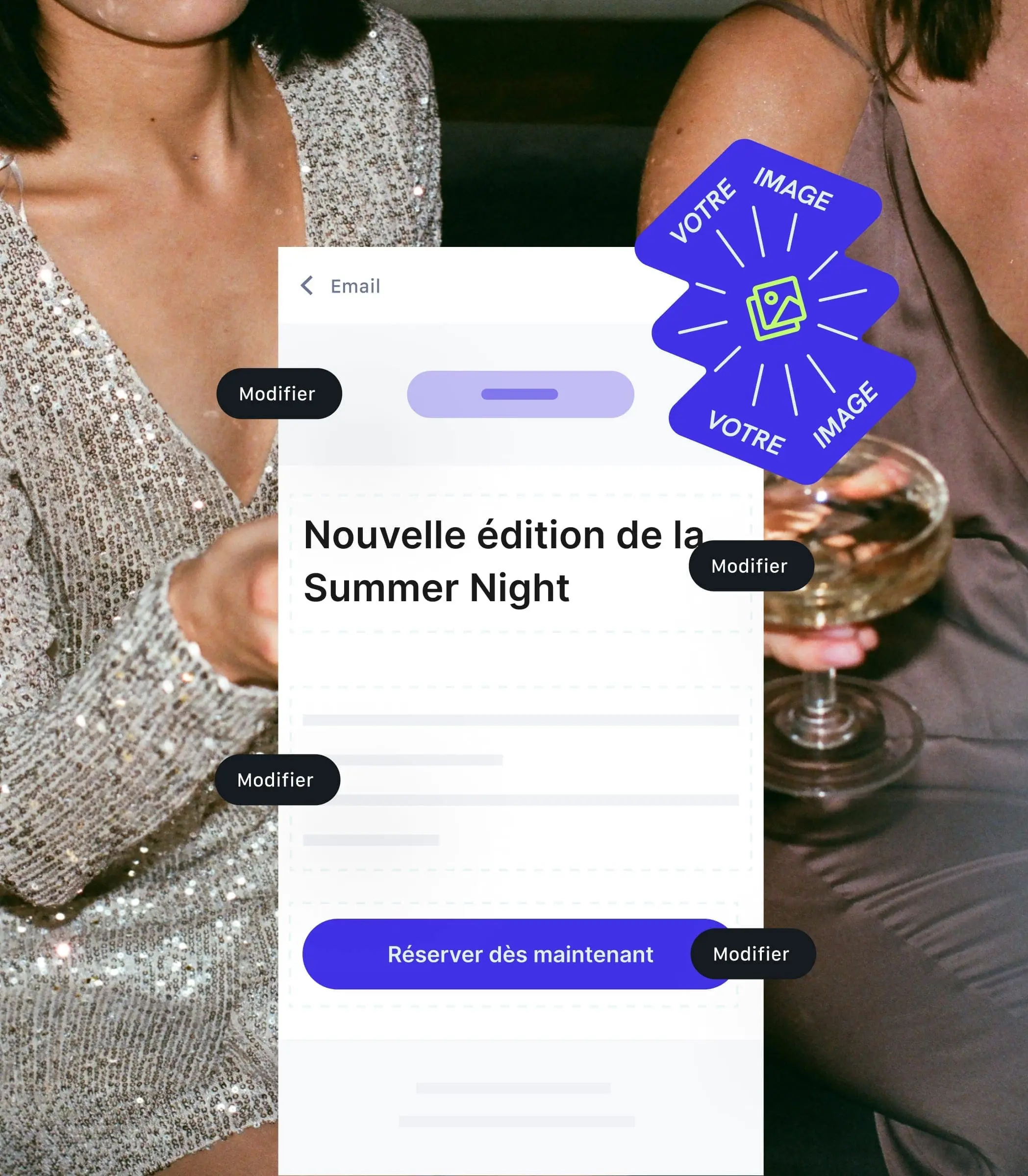 Capture d'écran d'un email promotionnel en français sur une édition spéciale Summer Night avec un bouton violet pour réserver immédiatement, superposé sur une photo de deux personnes habillées élégamment tenant des boissons.
