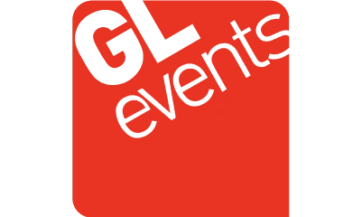 Logo rouge avec le texte 'GL events' en diagonale.