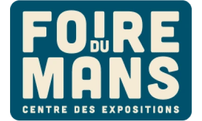 Logo de la Foire du Mans au Centre des Expositions avec texte en lettres majuscules crème sur fond bleu.