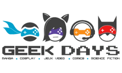 Logos of four gaming-themed characters with controllers and text 'GEEK DAYS' below, representing cosplay, geek video, comics, and comic-con.