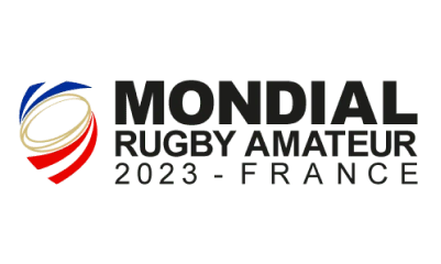 Logo du Mondial Rugby Amateur 2023 avec un ballon stylisé aux couleurs bleu, blanc, rouge à gauche.
