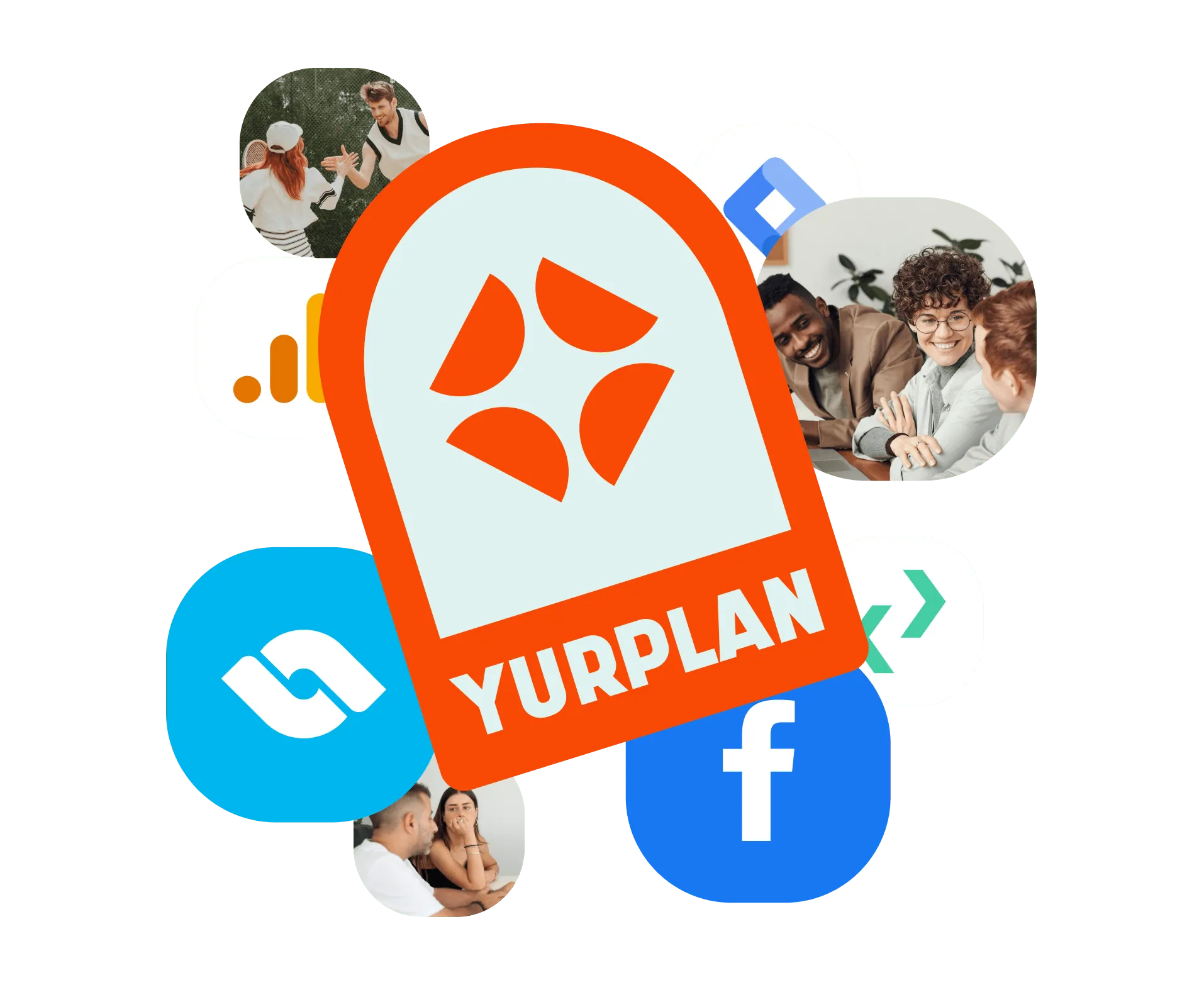 Sticker YURPLAN orange avec logo blanc, entouré des logos Facebook, Google Analytics, et images de personnes en réunion ou activité sociale.