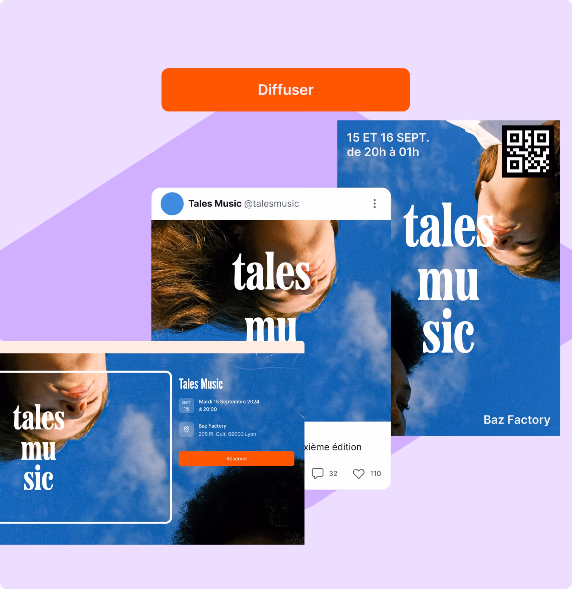 Affiches et publications sur les réseaux sociaux pour l'événement musical Tales Music les 15 et 16 septembre 2024 à Baz Factory, Lyon, avec un ciel bleu en arrière-plan.