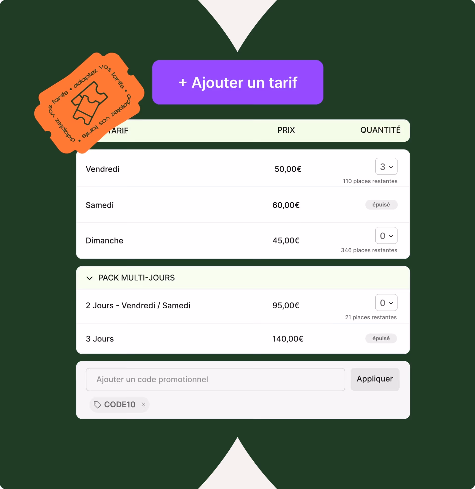 Tableau tarifaire avec options pour vendredi, samedi et dimanche, plus des packs multi-jours, avec quantités à sélectionner et statut des places restantes.
