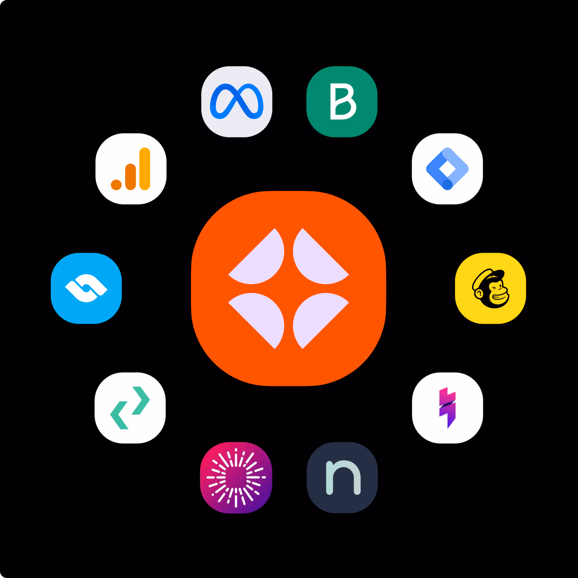 Icônes d'applications de réseaux sociaux et de marketing numérique disposées en cercle autour d'une grande icône orange centrale sur fond noir.