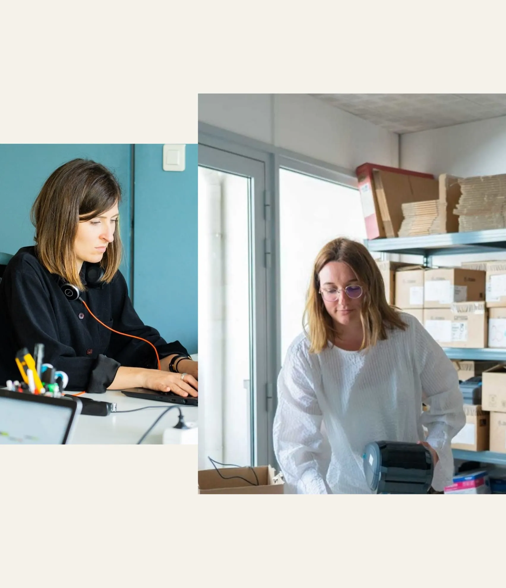 Deux femmes, une travaille à un ordinateur et l'autre organise des boîtes dans un entrepôt.