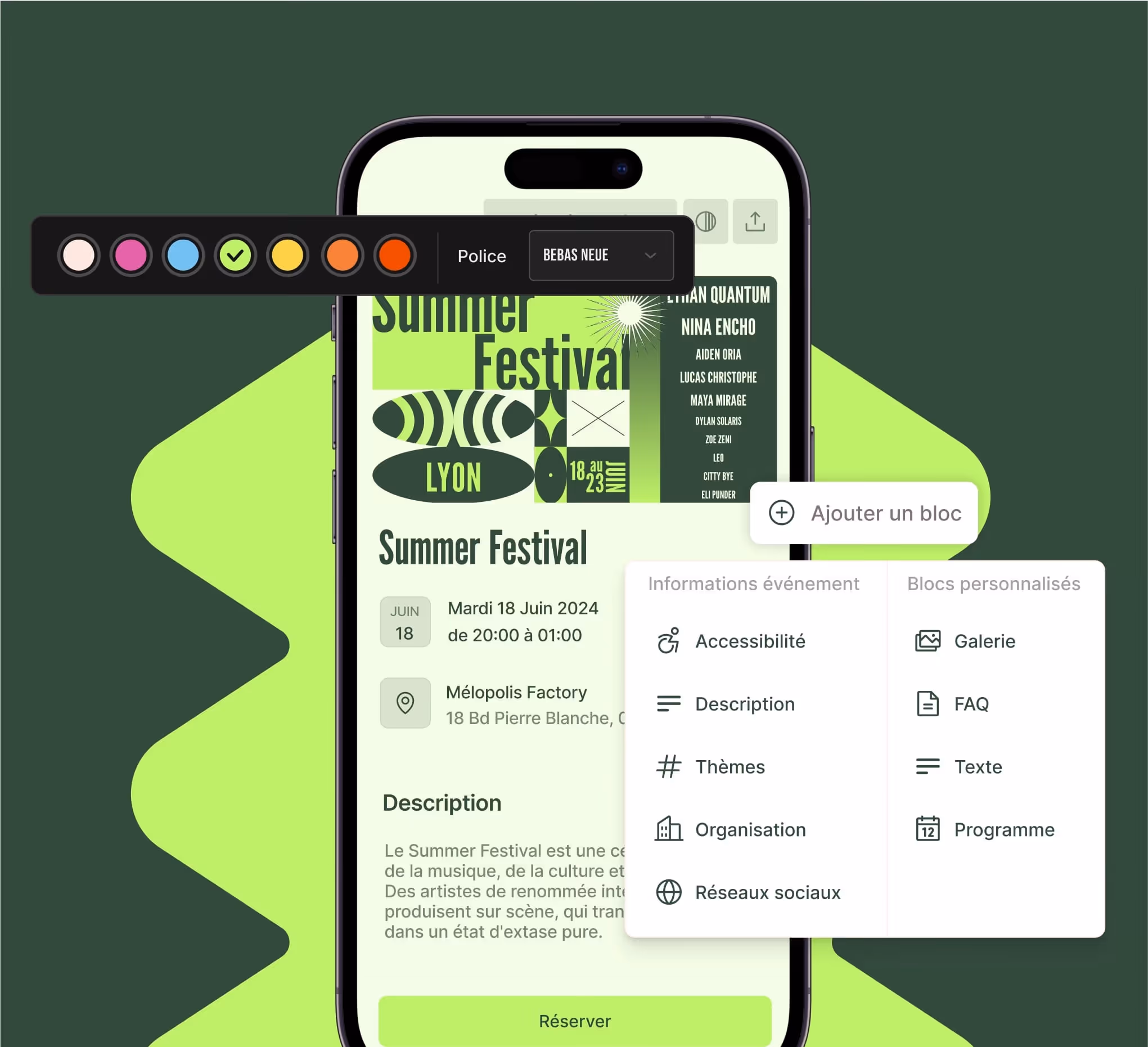 Interface mobile pour personnaliser un événement Summer Festival avec options d'accessibilité et blocs personnalisés.