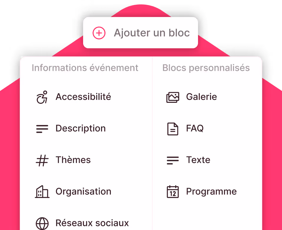 Menu avec options d’informations événement et blocs personnalisés comme accessibilité, galerie, FAQ, programme.
