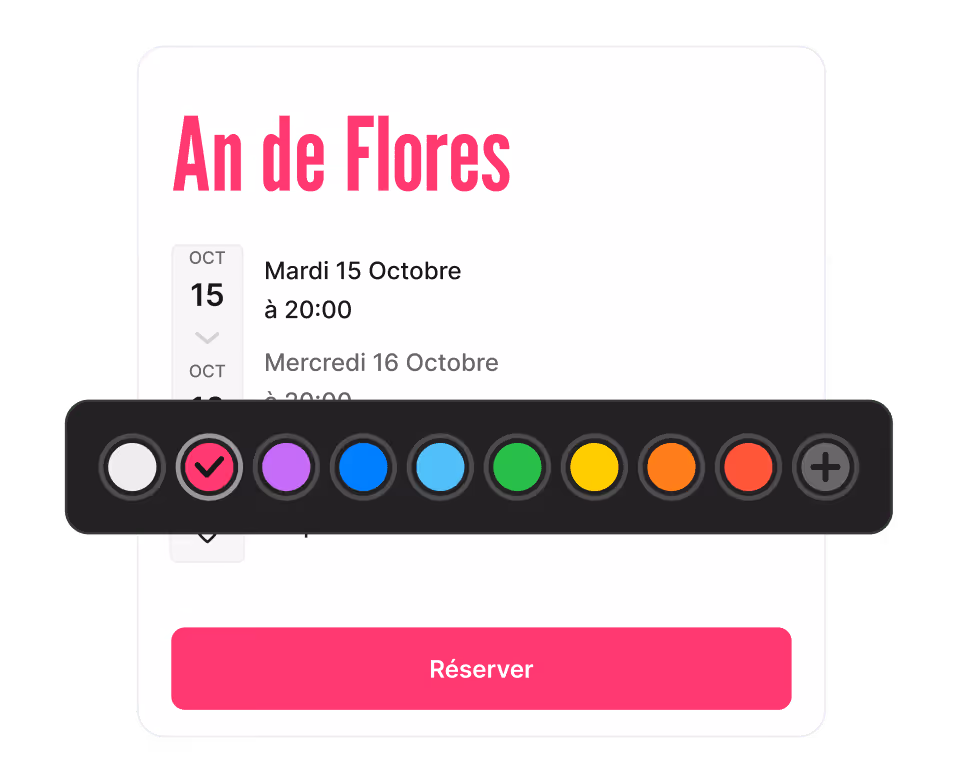 Interface de réservation pour An de Flores avec sélection de date, heure et couleur, et un bouton Réserver.