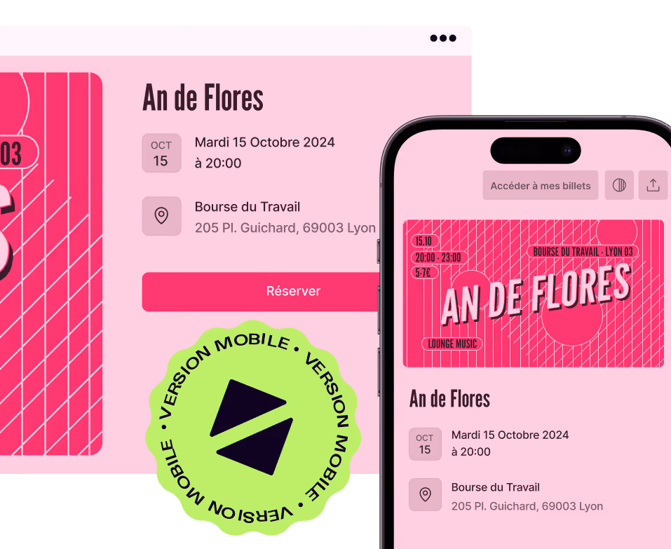 Annonce événement An de Flores à Lyon le 15 octobre 2024 à 20h, avec bouton réserver et version mobile visible.