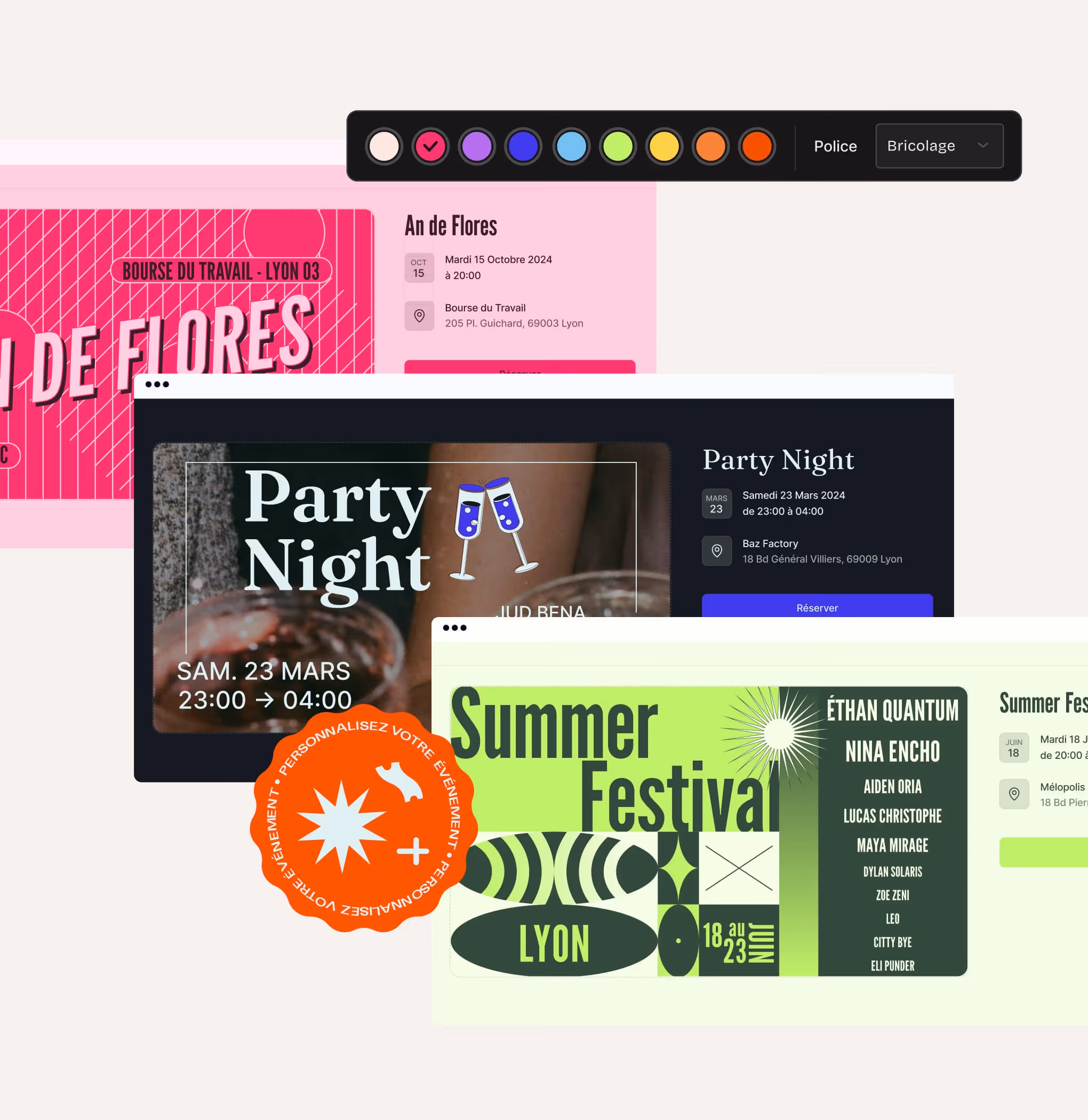 Trois affiches d'événements à Lyon: An de Flores, Party Night, et Summer Festival avec dates et lieux.
