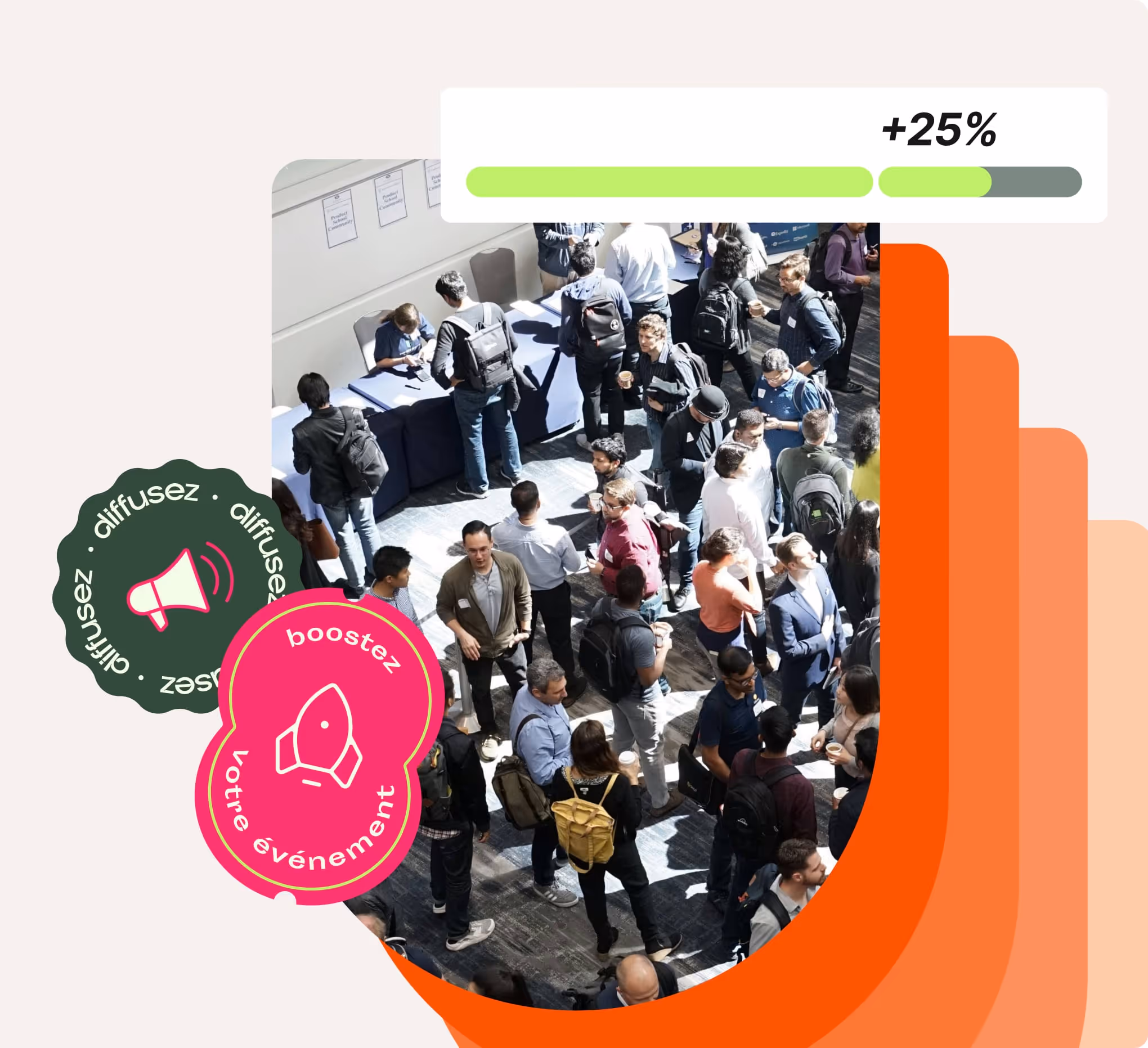 Foule de personnes discutant lors d'un événement professionnel avec un graphique de +25% en arrière-plan.