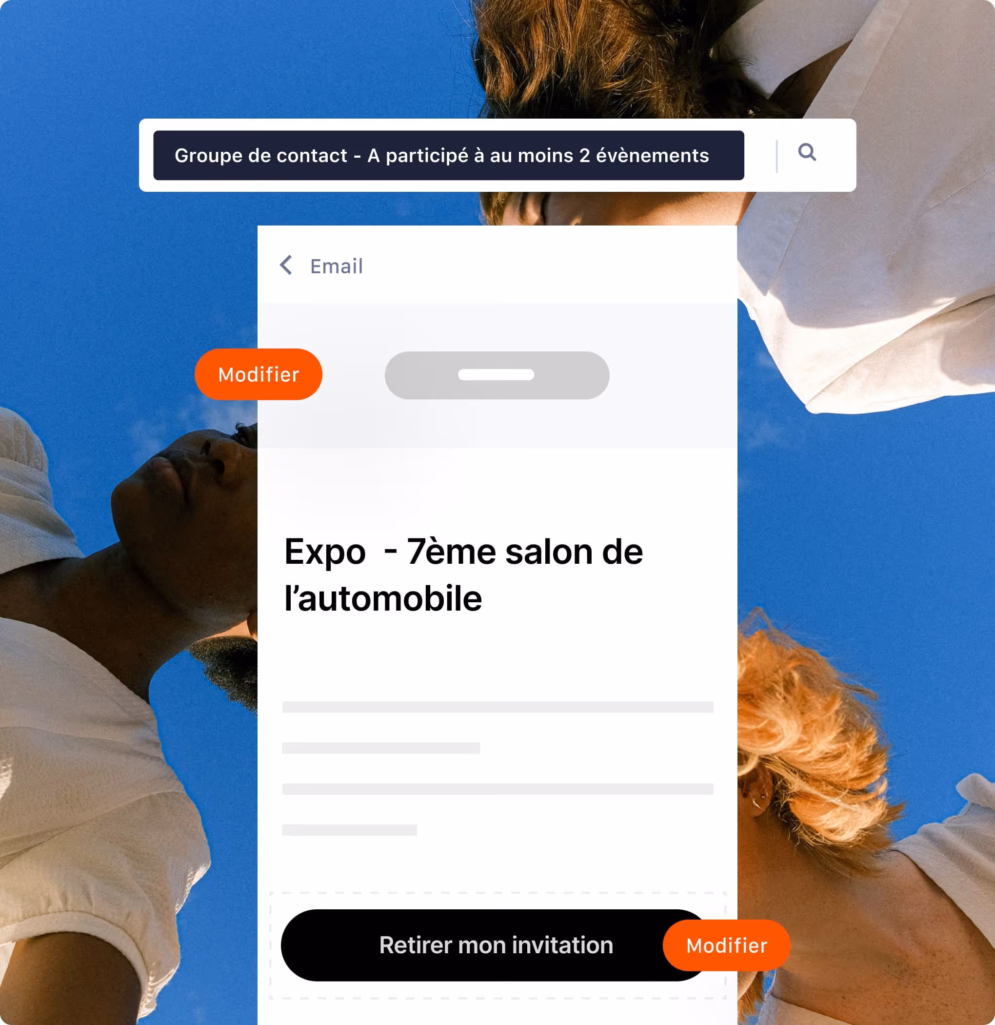 Écran montrant un e-mail pour expo 7ème salon automobile avec options modifier et retirer mon invitation.