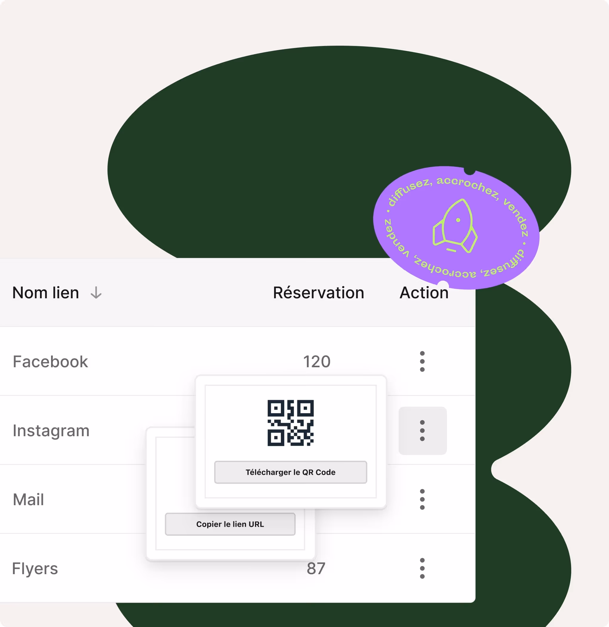 Table showing Facebook, Instagram, Mail, Flyers links with reservations and QR code download option.