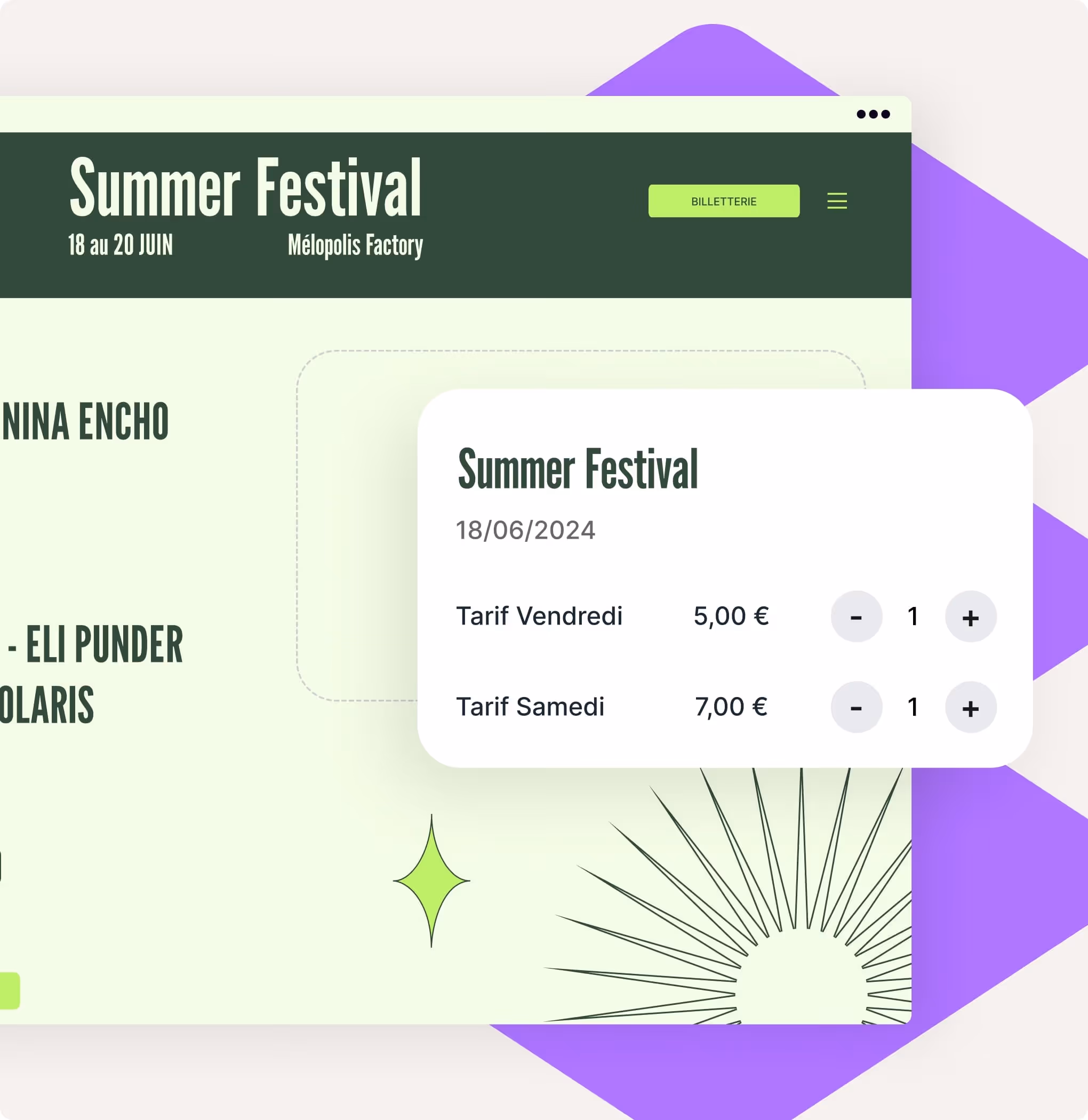 Page de billetterie du Summer Festival avec tarifs pour vendredi et samedi, juin 2024.