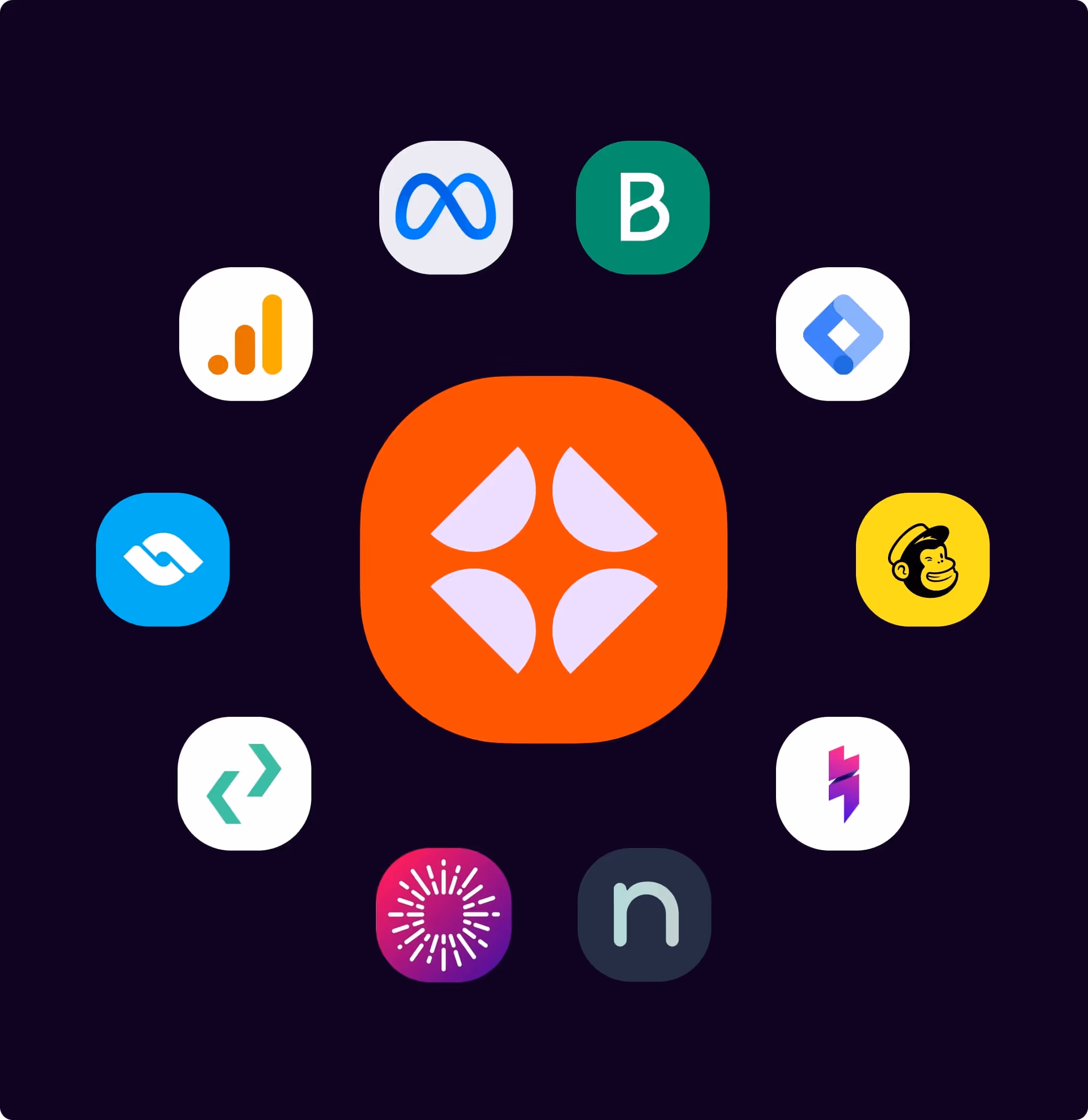 Logos of various tech and marketing apps surrounding a central orange app icon on black background.