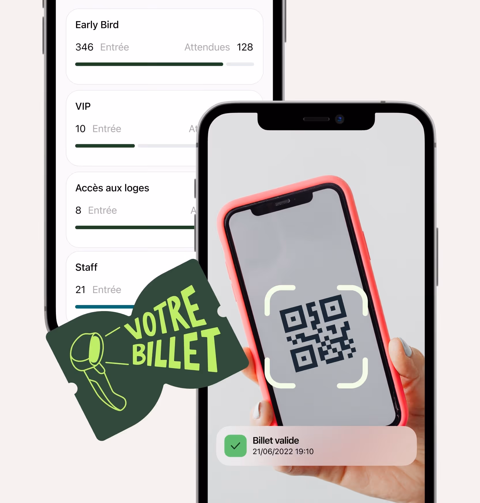 Téléphone avec QR code et message billet valide, tableurs d'entrées sur un autre téléphone en arrière-plan.