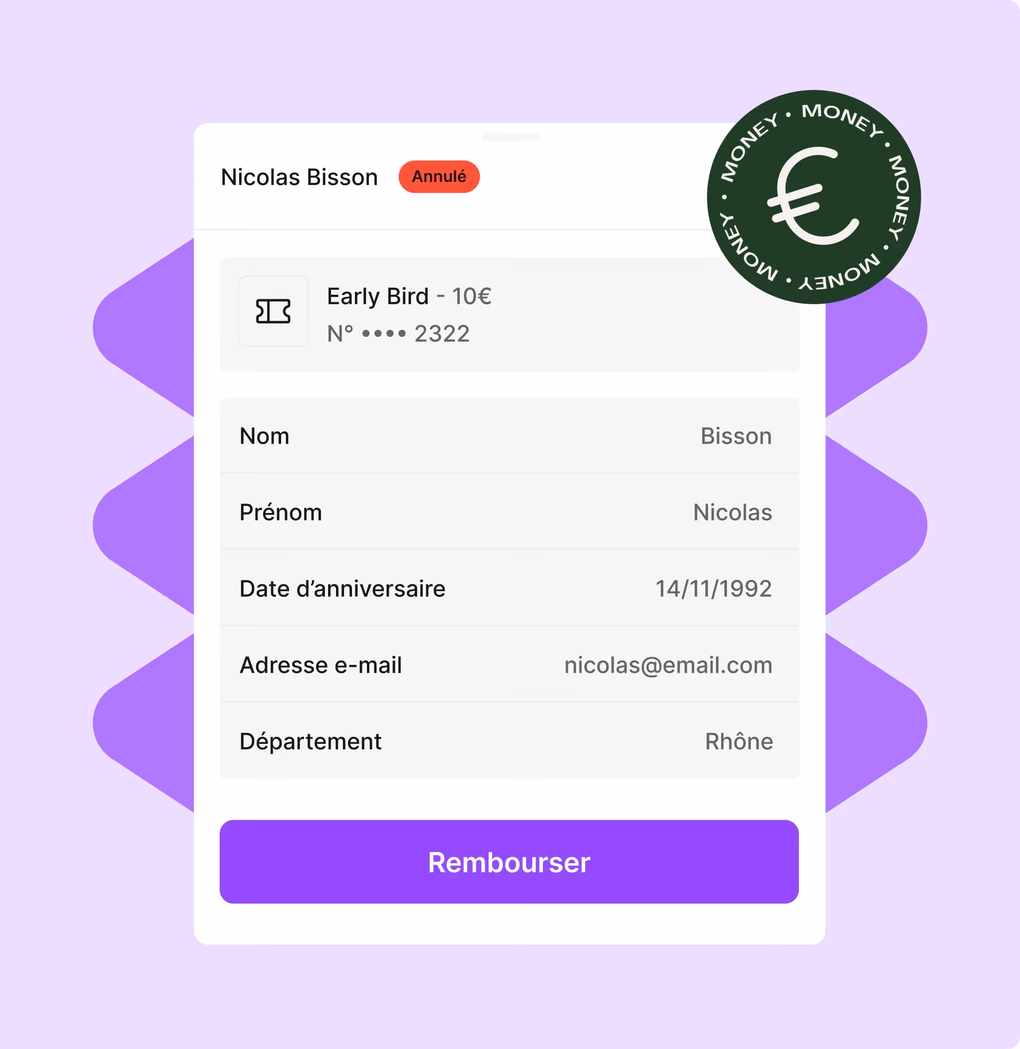 Formulaire de remboursement pour Nicolas Bisson, billet Early Bird de 10€, avec détails personnels et bouton rembourser.