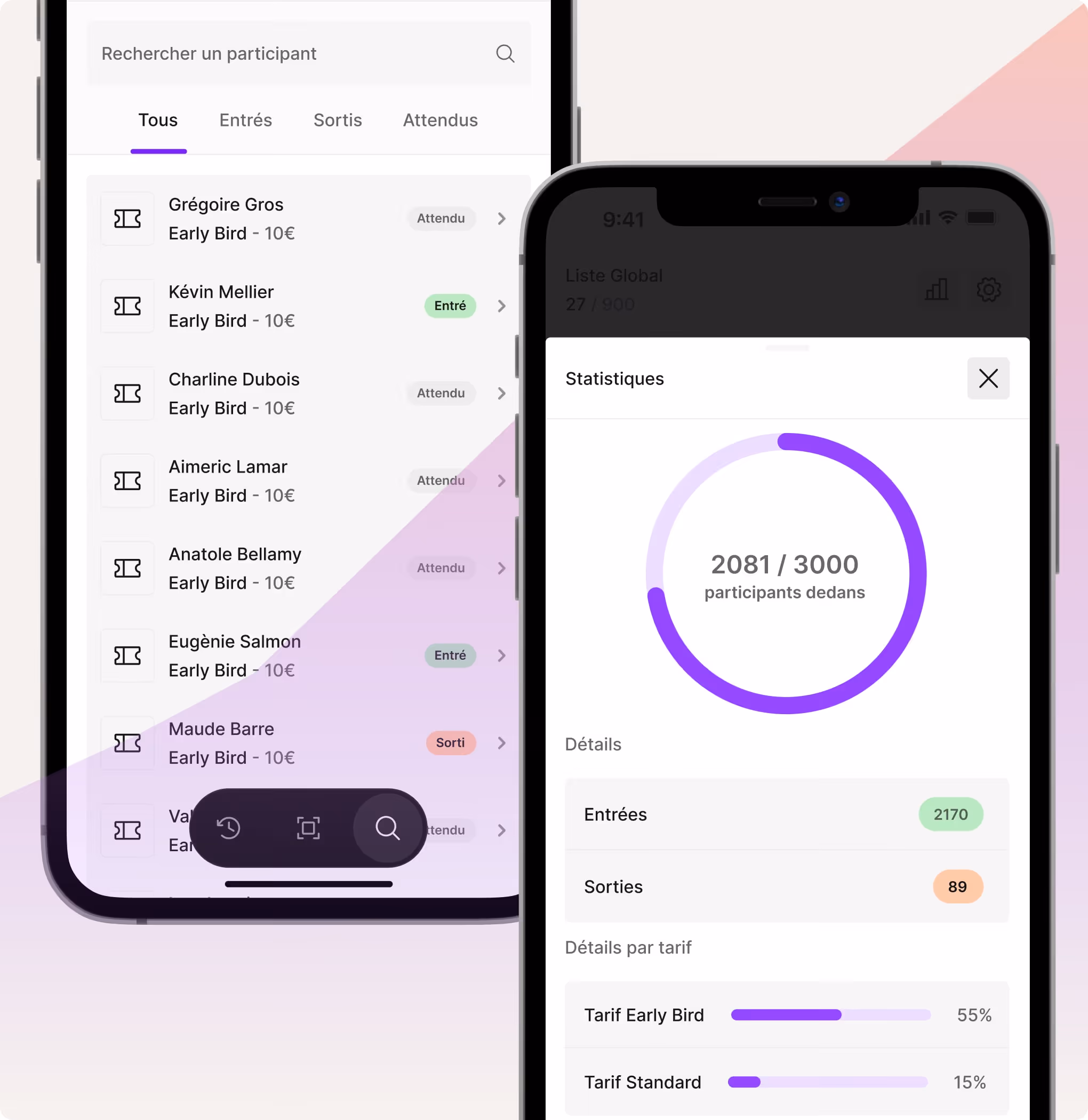 Écran d'application montrant une liste de participants et un graphique circulaire avec statistiques d'entrée et sortie.