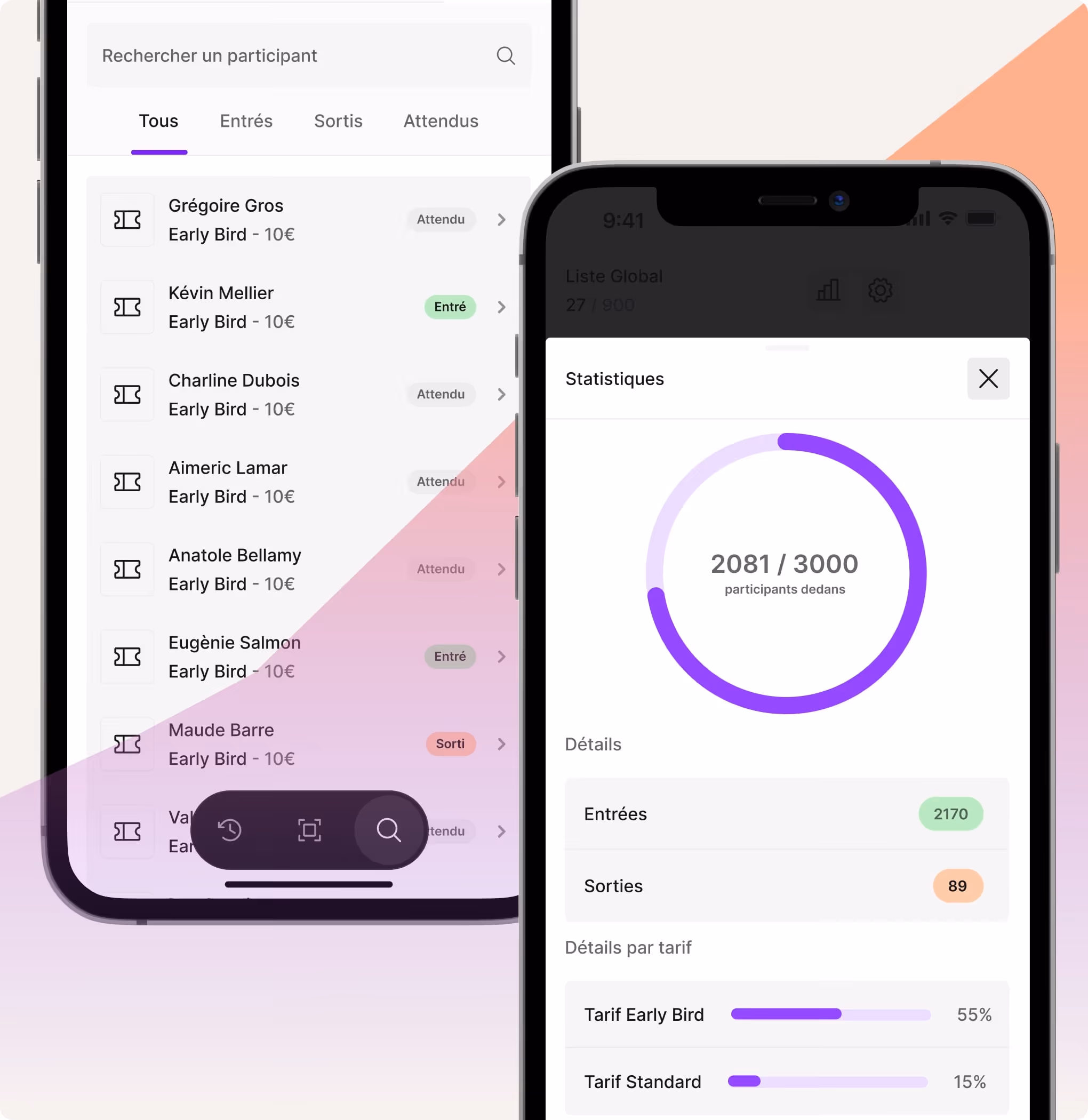 App montrant la liste des participants et statistiques avec 2081 sur 3000 présents et détails des entrées sorties.