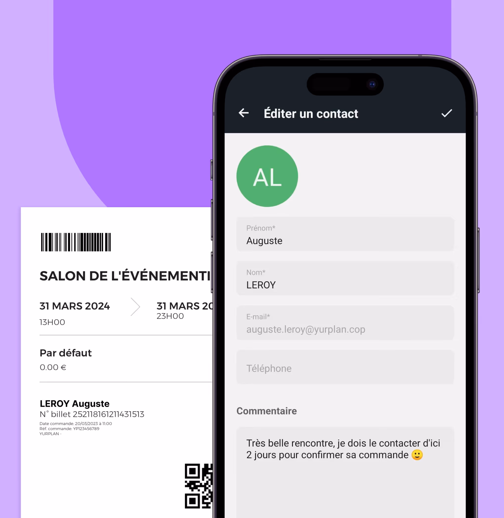 Écran de smartphone affichant l'édition d'un contact nommé Auguste Leroy avec un commentaire.